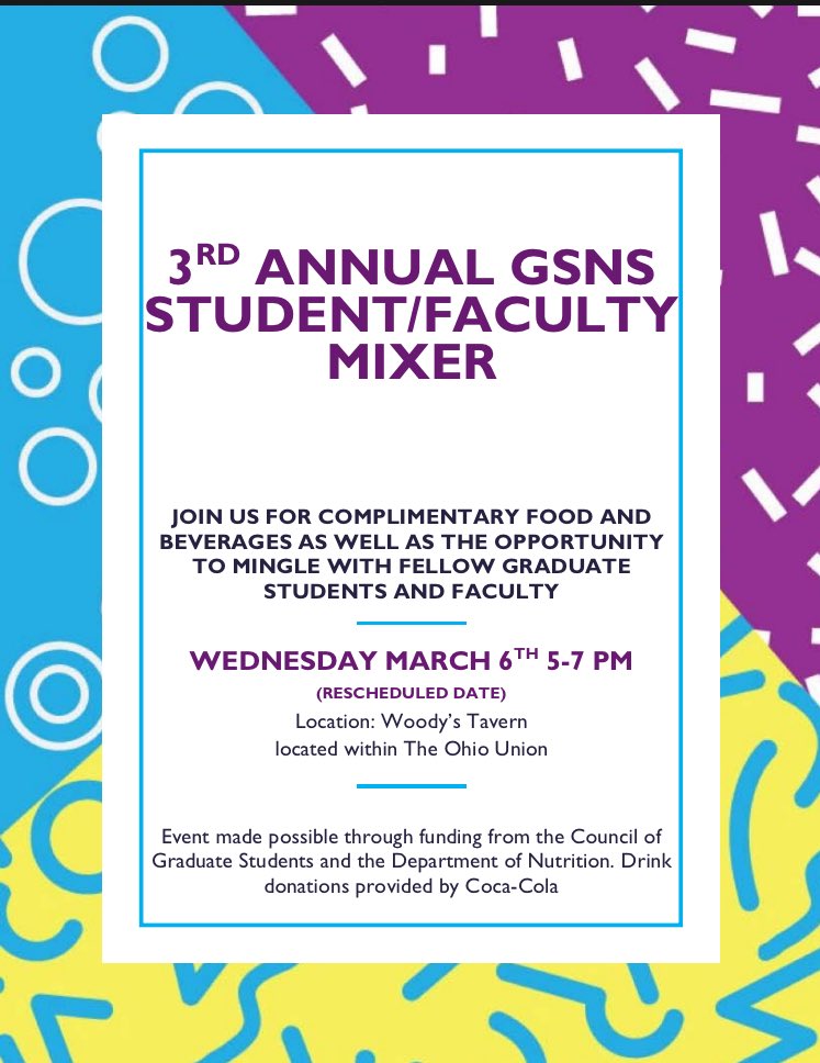 Hi everyone! Don’t forget about the GSNS Student and Faculty Mixer this week. A great opportunity for networking and professional development. See you there! #OhioState