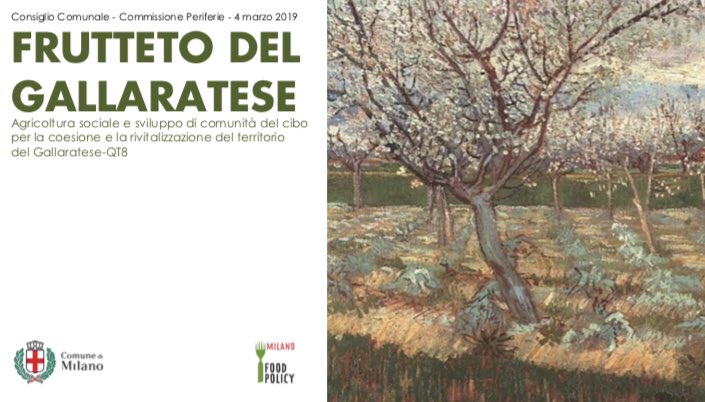 Lanciato in Commissione Periferie il bando per lo studio di fattibilità del #FruttetoGallaratese: un progetto costruito con il Municipio8 e #PianoPeriferie
Non solo frutta ma servizi integrati, tetti verdi, bioremediation e coesione sociale dei quartieri

foodpolicymilano.org/frutteto-del-g…