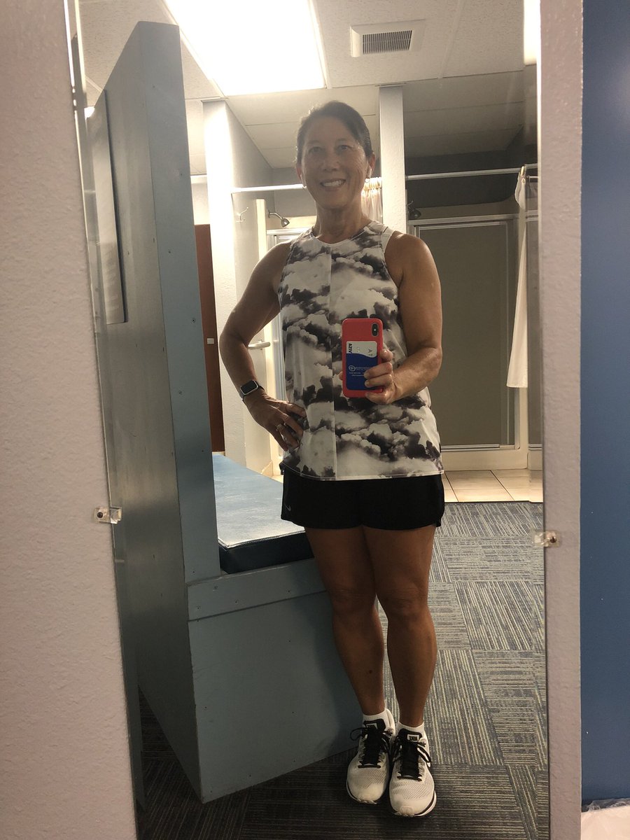 JBDBMom's tweet photo. Back to Bismarck after being in FL; 90 degree temp change! Getting ready for the @oiselle Tenacious Ten, so inside track run. Had on my nice, airy Passport Tank-for me, 1 size up for broad shoulders.  No chafing, nice drape, neckine great for travel &amp; work. #straightscoop https://t.co/NLh7jo7emr
