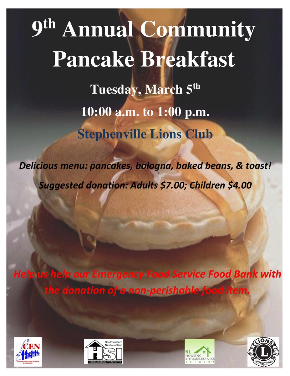 Steeped in NL tradition...pancakes tomorrow at the Stephenville Lions Club. All money will be donated back to help those with housing issues and facing homelessness.