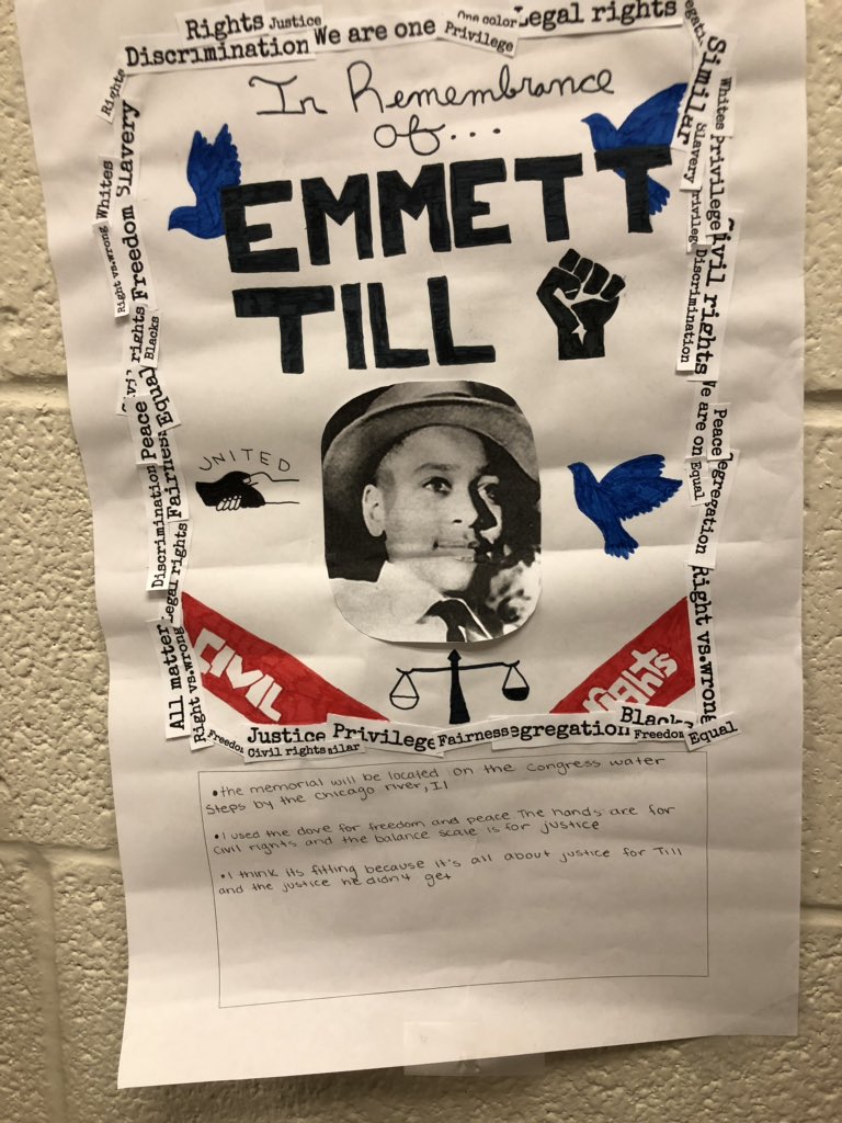 delaneymeyer's tweet photo. 10th grade students engaging in a Gallery Walk today and last Friday where they analyze &amp; critique their peers’ memorial pieces that honor Civil Rights martyr Emmett Till.
#CUSH #CivilRightsUnit #MCPASD https://t.co/1PX7bQaQ6y
