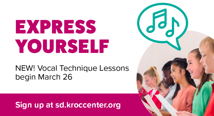 KrocCenterSD's tweet image. Kroc Center Vocal lessons start 3/26. New offering for students 8-14, beginners &amp;amp; performers. Enroll online! bit.ly/2T6OPZS
#voicelessons #musicmonday #vocallesson #vocallessons #singinglessons #singinglesson #vocalcoach #vocalcoaches  #broadway #theater #musicaltheater
