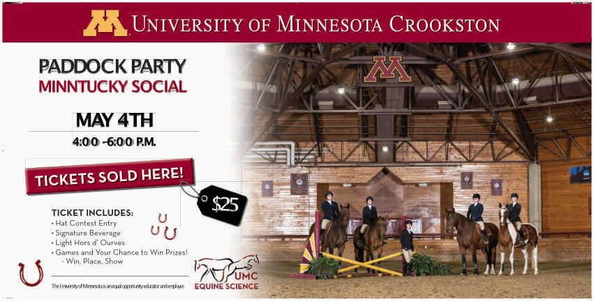 UMNCrookston's tweet image. Save the Date! Minntucky Social is coming up on Saturday May 4! Find out the details and purchase your tickets at z.umn.edu/paddockparty #paddockparty