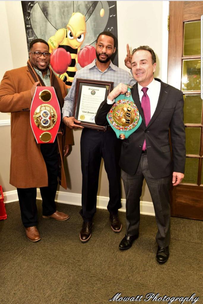The City of Bridgeport BHM and commitee and its Mayor presents a proclamation honoring World Championship Boxer, #CHADDAWSON with a photo in front of #STEVECAS #BronxChesterBoxingClub “RumbleBee” Designed to help kids of the Bronx.