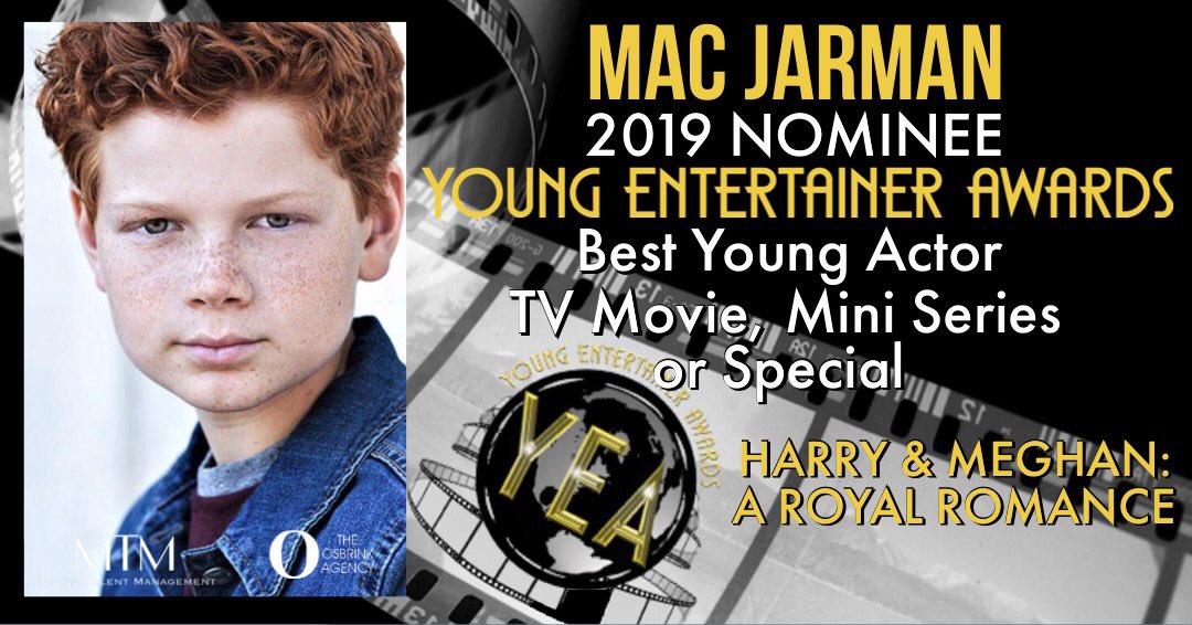 MincksTalent's tweet photo. Congratulations to #MincksTalent #MacJarman for his 2019 #YoungEntertainerAwards #Nomination as #BestYoungActor in a #TVMovieMiniSeriesOrSpecial for his work in #HarryAndMeghanARoyalRomance on @lifetimetv … https://t.co/frjp25vMYH… @OsbrinkAgency https://t.co/wgsmEKrtKJ