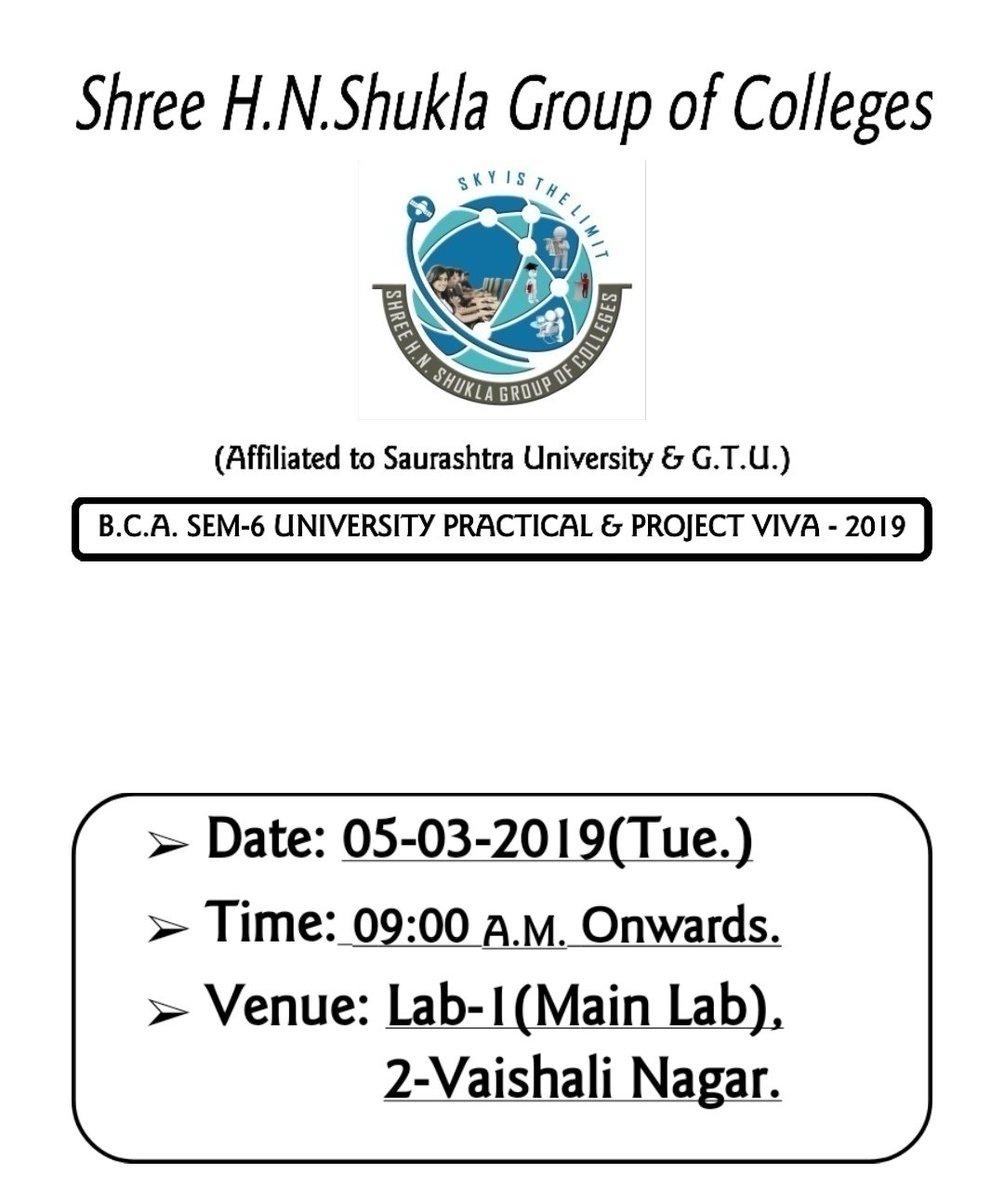 VadharS's tweet photo. BCA SEM 6 University Practical Exam and project Viva-2019
Date-05-03-2019
Time-09-00 am 
Venue-lab-1 (Main Lab) https://t.co/VY1xS5IXJK