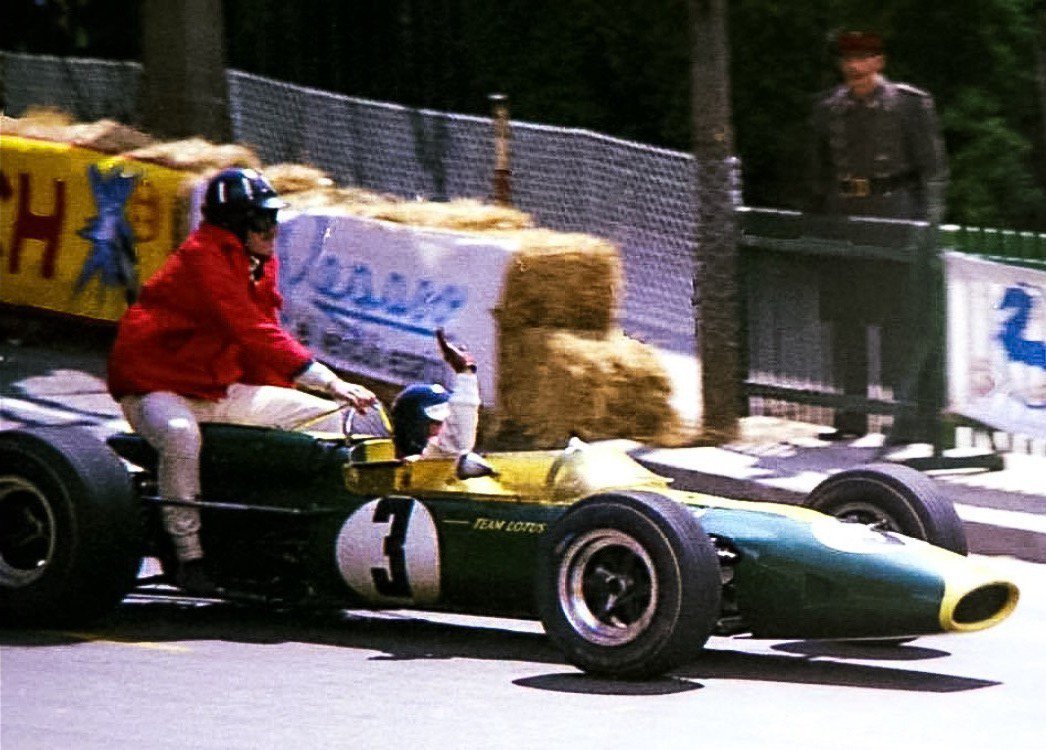 Jim Clark providing taxi service to Graham Hill at Montjuic Park in Barcelona   1967.  Happy birthday Mr. Clark. 