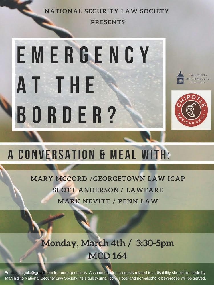 NSLS_GULC's tweet image. Happening TODAY at 3:30pm! 
Join @NSLS_GULC with Mary McCord of @GeorgetownICAP Scott Anderson of @BrookingsInst and Mark Nevitt of @PennLaw for a discussion on Trump's national emergency declaration. 

🌯🇺🇸⚖️

@marknevitt @S_R_Anders