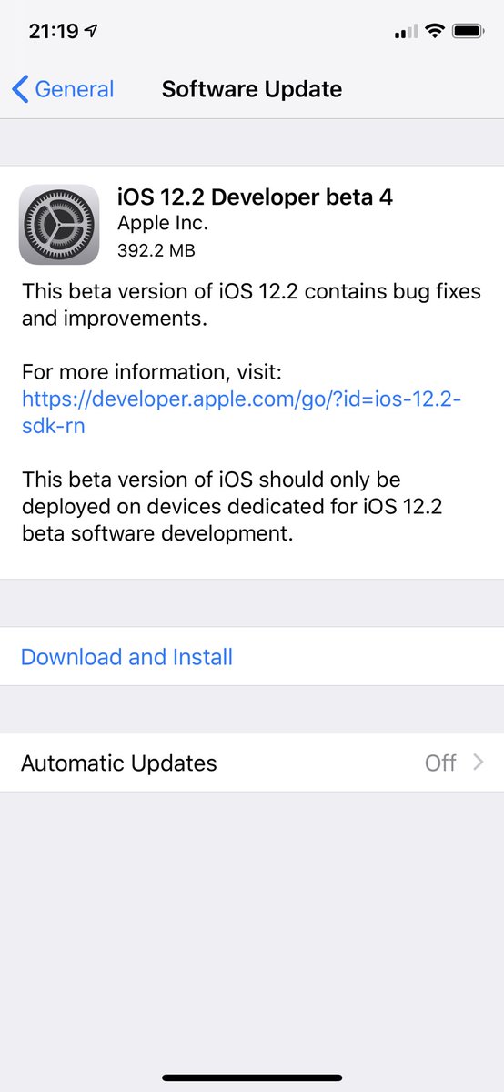 iSWUpdates's tweet photo. iOS 12.2 Beta 4 (16E5212f) has been released. #iOS #iOS122 #Beta4 #iOS122DevBeta4 #iOS122Beta4 https://t.co/d5MORFxYxv