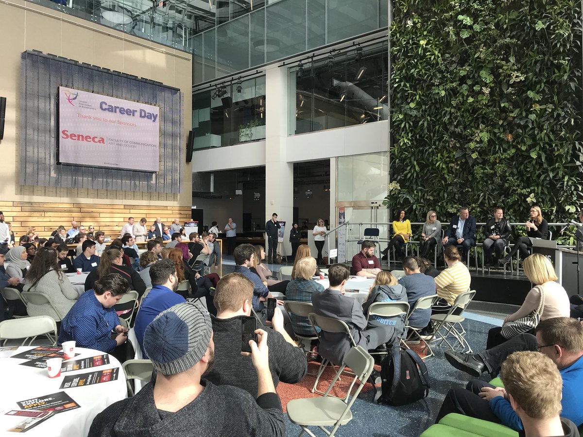 SenecaMedia's tweet photo. Our @sayradio students got a great dose of #MondayMotivation at #OABCareerDay today! It’s an opportunity to network, listen to a panel of industry pros, and tour the Corus building 🙌🏼 https://t.co/yUU6sJf0Sm