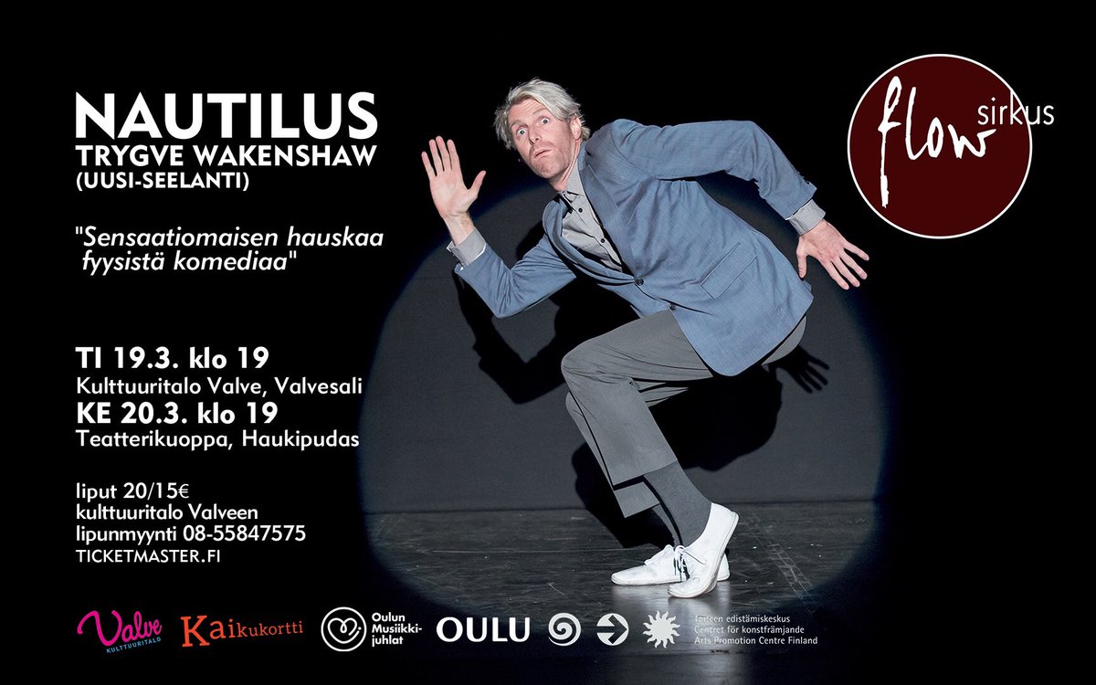FlowProd_fi's tweet photo. Highlight of this month is Trygve Wakenshaw and his piece Nautilus. #flowsirkus #valvesali #teatterikuoppa #oulunmusiikkijuhlat https://t.co/CPJqObrL9E