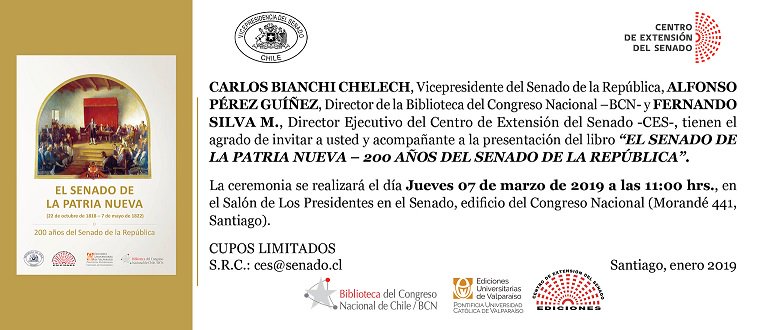 Senado_Chile's tweet photo. Este jueves 7 de marzo 2019 a las 11 Hrs. presentación del libro 
"EL SENADO DE LA PATRIA NUEVA - 200 AÑOS DEL SENADO DE LA REPÚBLICA".
Invitan Vicepresidente del Senado @SenadorBianchi @extensionsenado y @bcnchile
@BianchiPrensa https://t.co/F0kFUKb4FH