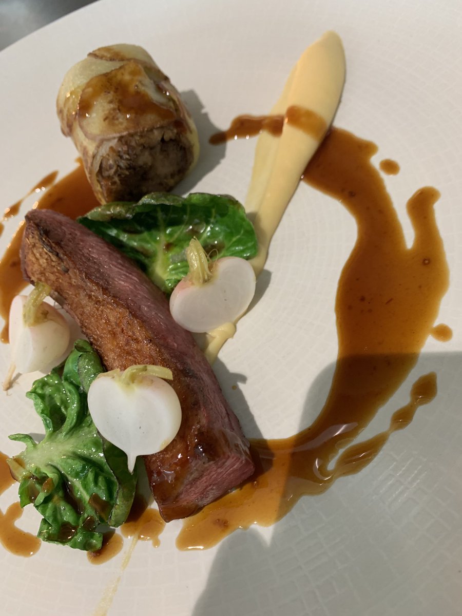 mikeypanting's tweet photo. One of the dishes from the new menu. Whiskey smoked duck leg, quince purée, Brussels tops, pickled turning. #duck #smokedfood #pickledturnips @IvanBaldzhiyski @ChefStac @PaulinaCieciel1 @25CPKitchen https://t.co/7F7DeDoLHg