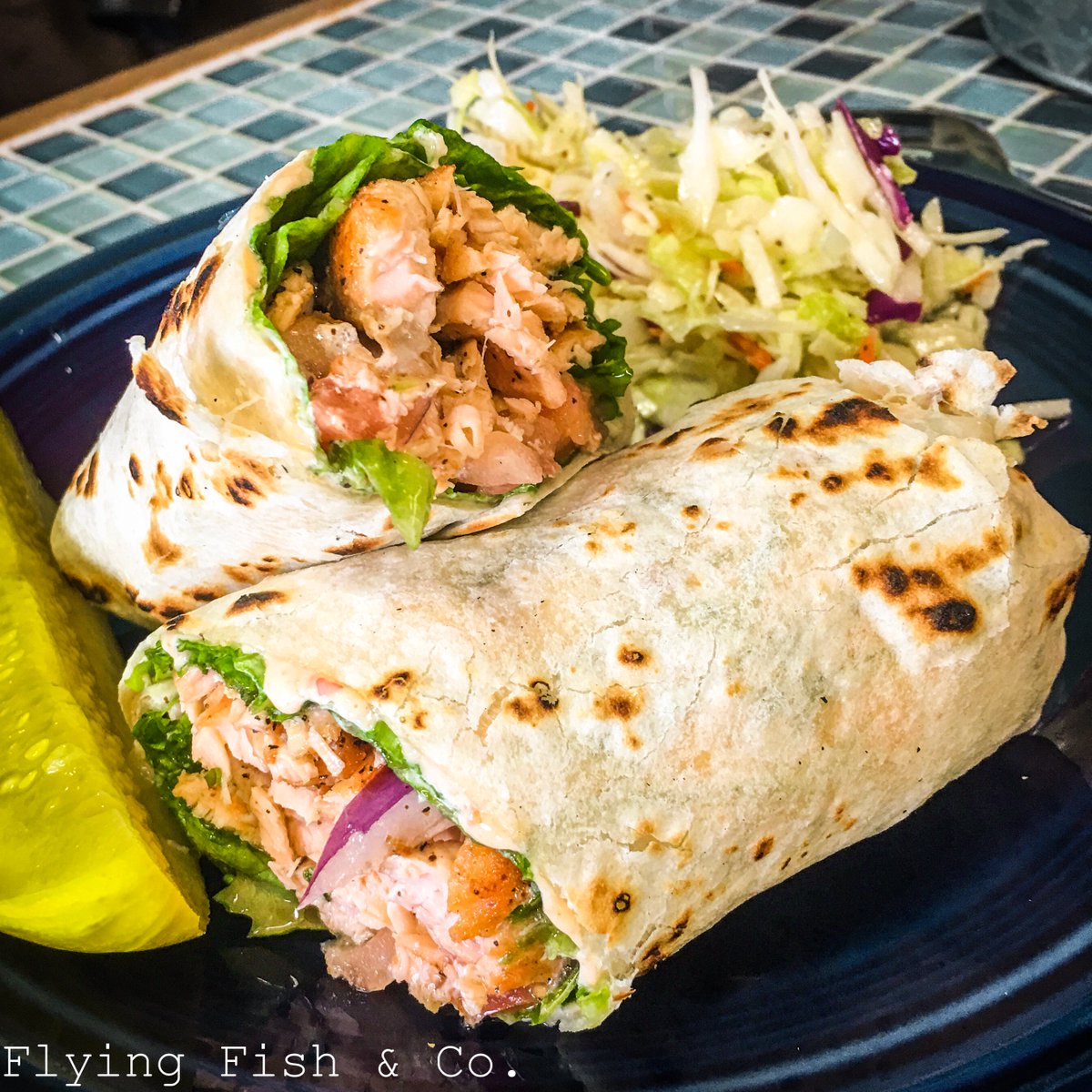 WVFlyingFish's tweet image. Time to freshen up! Seared salmon wrap with lettuce, tomato, red onion, and Flying Fish spicy mayo 😛😛😛