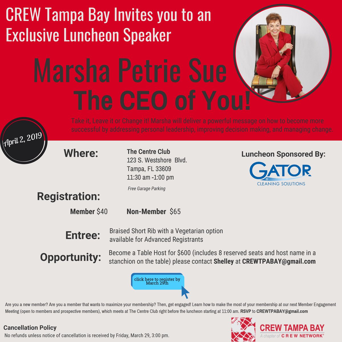 Make sure to Register for our Exclusive Luncheon Speaker April 2nd! Marsha Petrie Sue, MBA #CREWTampabay #CRE #Leadership #ManagingChange #TheCEOofYou! Sponsored by: <a href="/GatorCleanTampa/">GatorCleanTampa</a>   crewtampabay.org/events/luncheo…