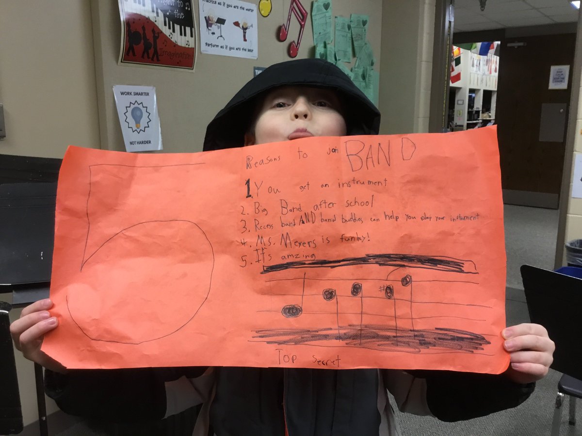 BandisGrand's tweet photo. What's your reason for joining Band? Check out this poster made by a current 5th grader giving 5 excellent reasons to join Band! I meet with 4th Grade students next week to pick instruments! TURN IN YOUR SHEET! #bandisgrand https://t.co/rdJbBPPz8S