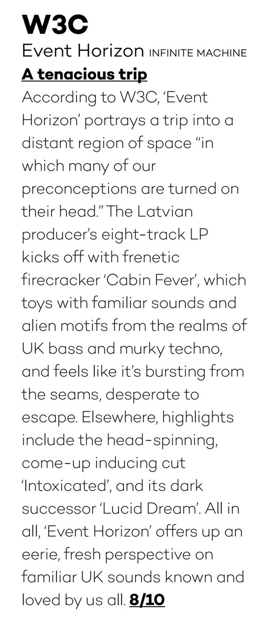 InfiniteMachin1's tweet photo. Out to @jasmine_ks / @Mixmag for the review.

W 3 C  - Event Horizon (Out now)

BUY / STREAM: https://t.co/v18njxeqj0 https://t.co/7IokraHUNw
