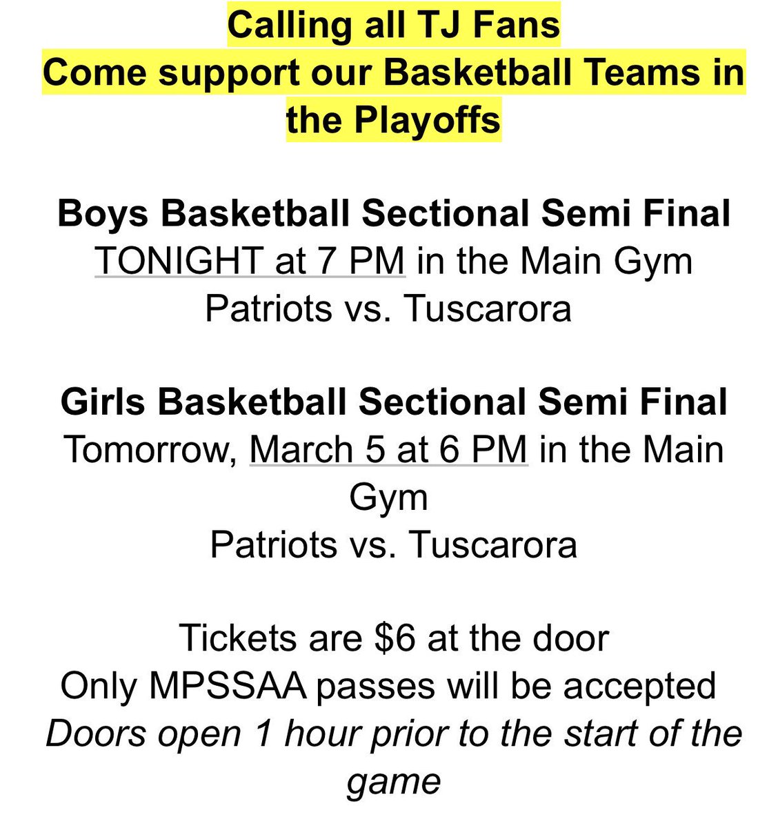 #TJPatriotNation just a reminder! 

<a href="/TjhsC/">TJHSPatriotCheer</a> <a href="/TJGirlsBB/">TJ Girls Basketball</a> <a href="/TJPatriotsBBall/">TJPatriot Boys BBall</a> <a href="/TJ_PatriotsAD/">Mike Chavez</a> @FCPS_GTJHSPrin