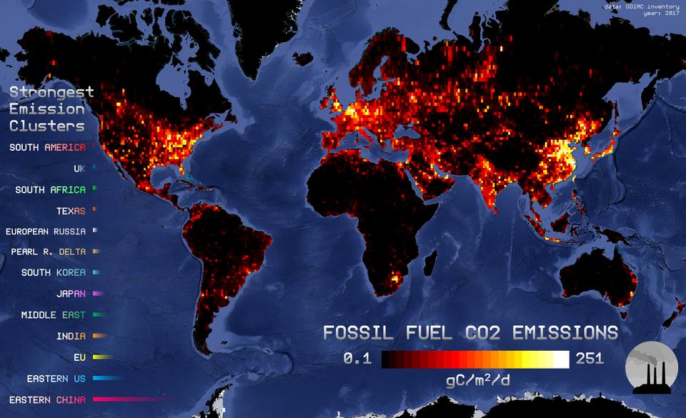 Looks like a cute 1990 computer game map but it is in fact showing global fossil fuel CO2 emissions in 2017. Source: buff.ly/2SBOBWA
