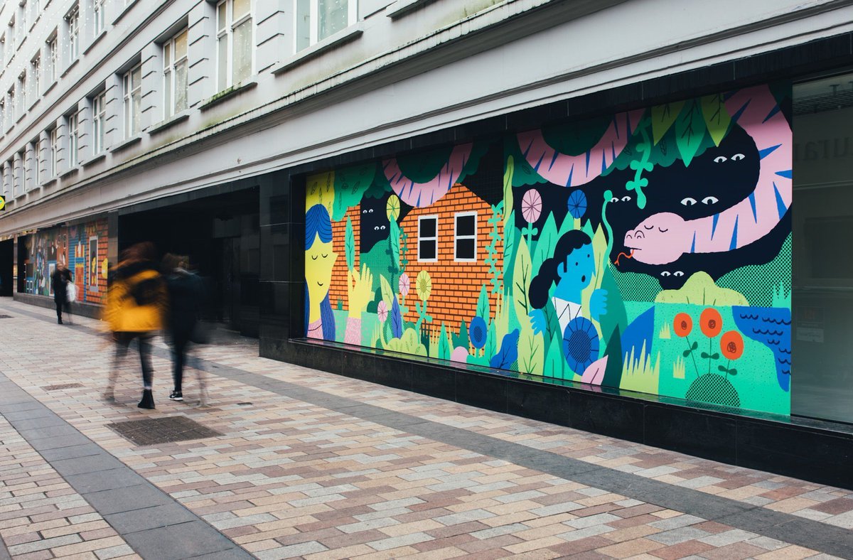 UsFolk_'s tweet image. We’re excited to be sharing a series of our large scale illustration projects with Belfast City Council this week! First up is Fountain Lane’s beautiful city-to-jungle scape by @CheeseNolan  📸 by @fillyc