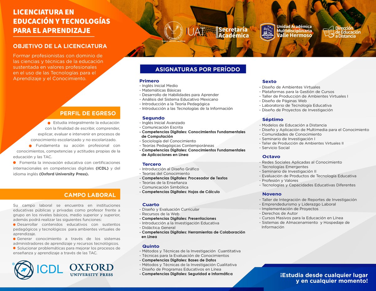 🔴 CONVOCATORIA ABIERTA 
Universidad Autónoma de Tamaulipas

Licenciatura en Educación y Tecnologías para el Aprendizaje. 

➡️Consulta toda la información en: uat.edu.mx/SACD/EAD/Pagin…