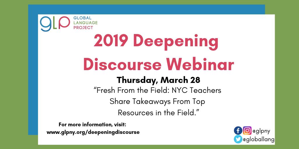 💻Our Deepening Discourse Webinar is coming up at the end of the month. Participate in the webinar on March 28th and earn some CTLE credits. 💻

Click the link for the application: glpny.org/deepeningdisco…

#deepeningdiscourse #glpny #globallanguageproject #webinar