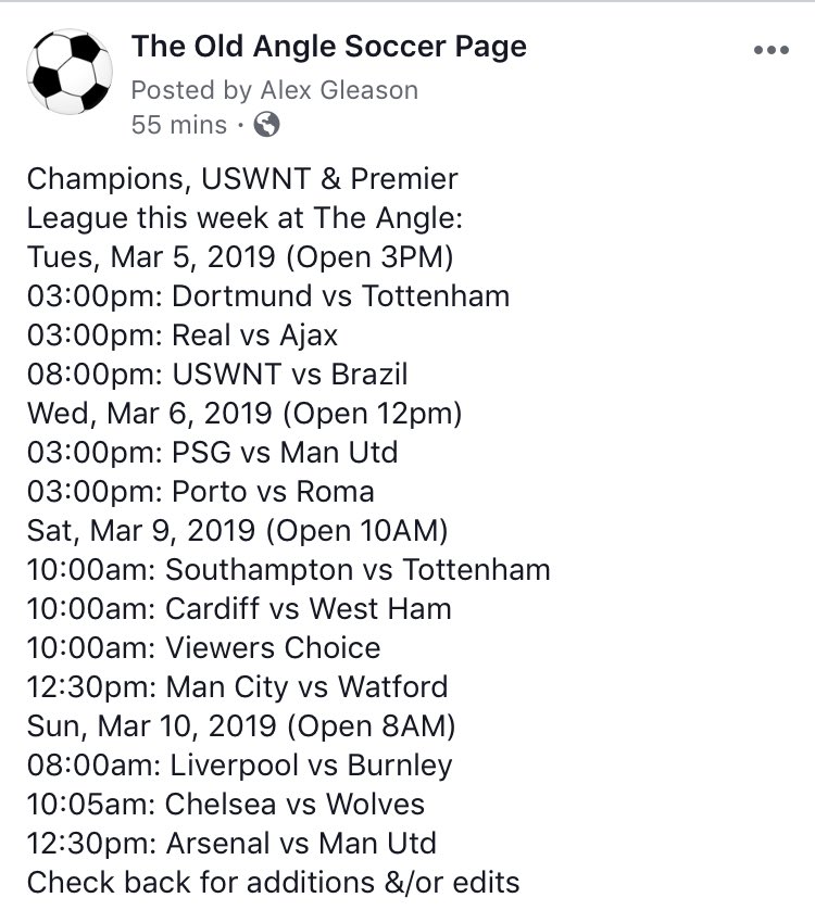 Champions, USWNT &amp; Premier League this week at The Angle ⁦<a href="/oldangletavern/">Old Angle</a>⁩