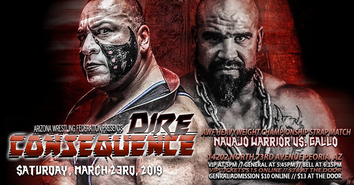 prowrestlingaz's tweet photo. SAT 3/23 JUST ANNOUNCED: AWF Officials have confirmed that at NAVAJO WARRIOR will challenge @GQGALLO for the AWF Heavyweight Championship in a #StrapMatch at #DireConsequence in Peoria!!
PREORDER TICKETS: https://t.co/w7C940lptB https://t.co/XluGuciMnS