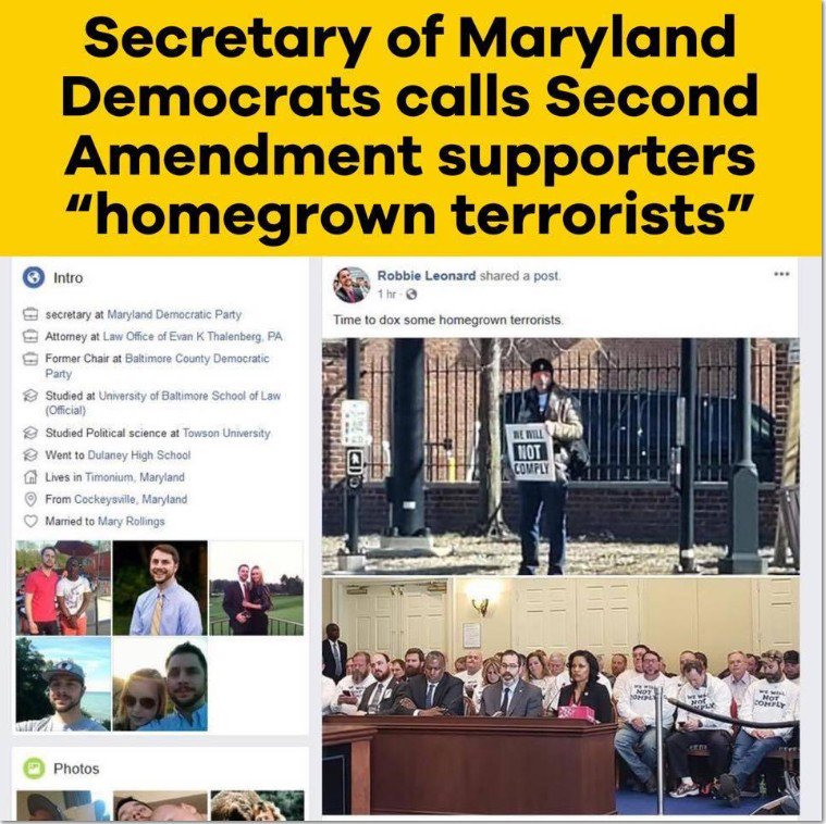 Robbie Leonard - Maryland Democrat Secretary calls for doxxing of legal gun owners, calls them homegrown terrorists,