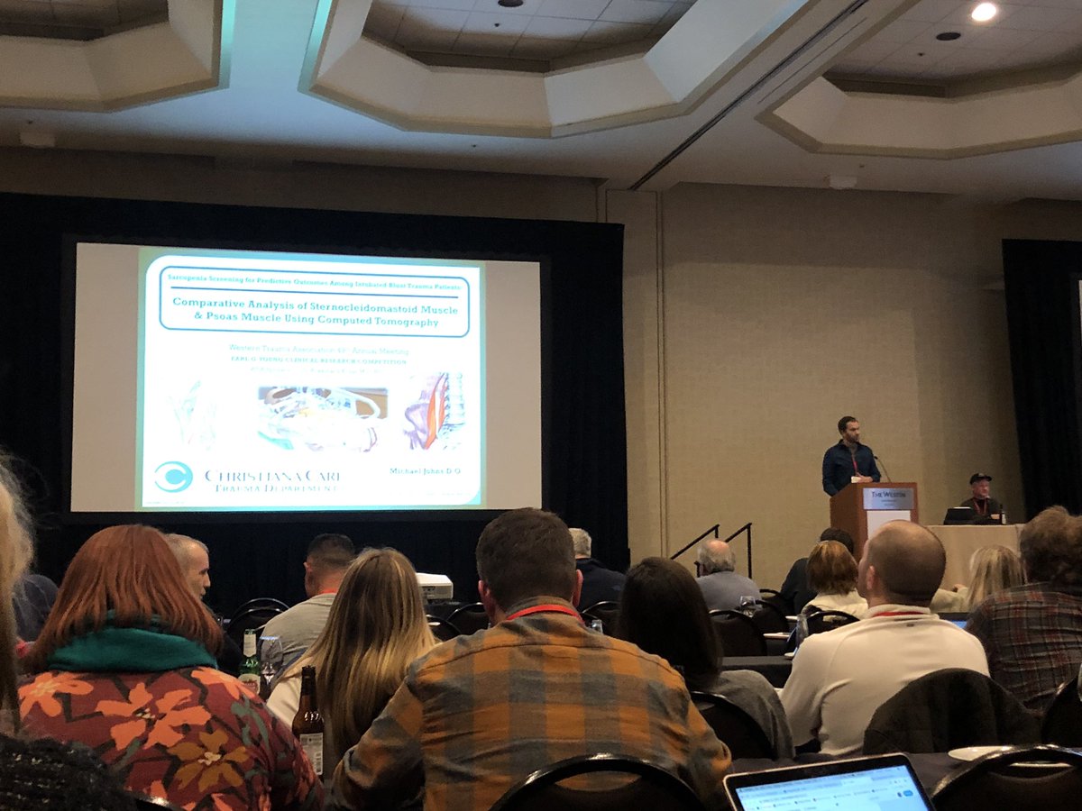 JWTraumaRama's tweet photo. 💪 Great work and excellent presentation from Michael Johns D.O. @christianacare 🔥 SCM superiority over psoas in predicting sarcopenia &amp; outcomes of trauma patients #WTA2019 #checktheneck https://t.co/ucHl5ZPLDt