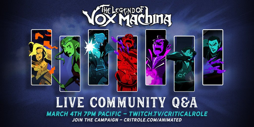 WHAT THE?! $3 MILLION!? Thank you SO MUCH to everyone who's supported The Legend of Vox Machina animated special! Overwhelmed in the best way possible.

We're holding a special community Q&A around TLoVM with Matt, Travis & Marisha TONIGHT. 7pm PST on twitch.tv/criticalrole!