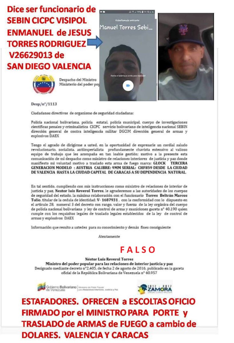 ESTAFADORES
ESTE ES el MODELO del OFICIO que OFRECE MANUEL TORRES para ESTAFAR a ESCOLTAS. PIDE DINERO Y OFRECE TRAMITAR AUTORIZACIÓN FIRMADA POR EL MINISTRO REVEROL para el PORTE y TRASLADO DE ARMAS DE FUEGO
PENDIENTE ORGANISMOS DE SEGURIDAD FRECUENTA ESOS LUGARES <a href="/Visipol_MIJP/">VISIPOL</a>