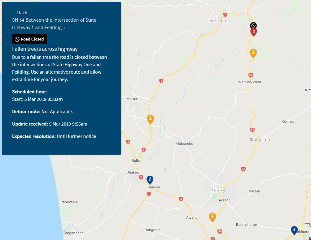 nztacni's tweet image. SH54 WAITUNA WEST (VINEGAR HILL), MANAWATU-WHANGANUI - FALLEN TREE - 10:10AM
Due to a fallen tree on power-lines, this road is CLOSED between #Feilding and the intersection with SH1, north of Hunterville. Please use an alternative route and allow extra time for your journey.  ^EH