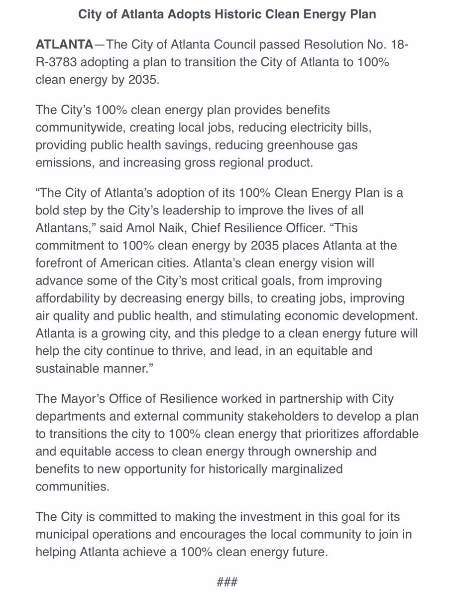 CityofAtlanta's tweet photo. News Release: City of Atlanta Adopts Historic Clean Energy Plan. Read the full release here: https://t.co/qVFdKSTzJx #OneAtlanta https://t.co/SMH8doXylD