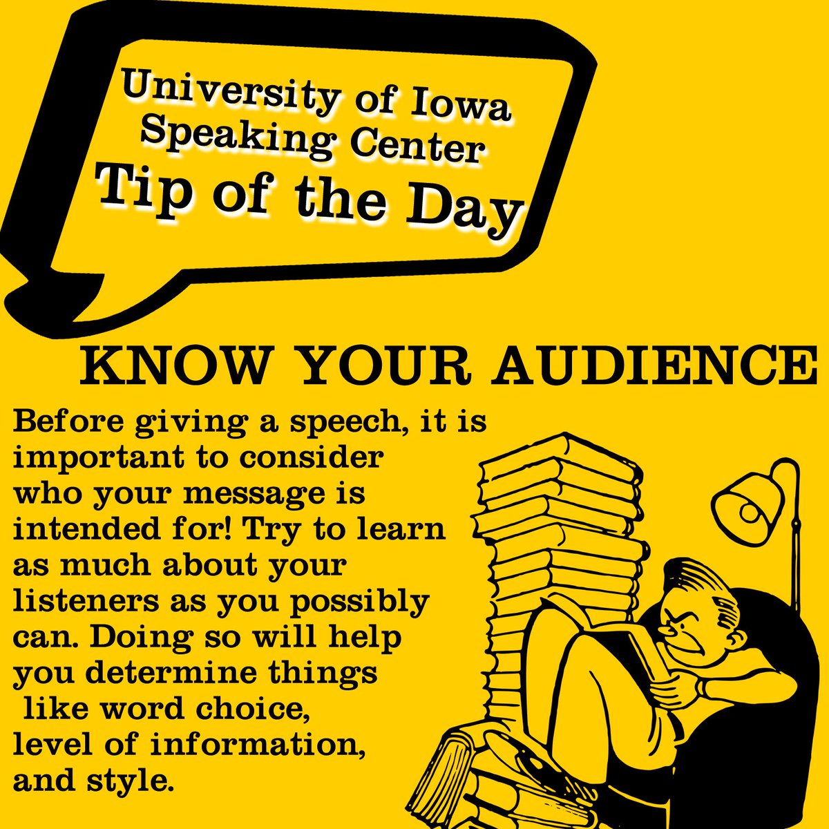 UIRhetCenters's tweet photo. We hope you enjoy our #SpeakingTipoftheDay, brought to you by the @uiowa Speaking Center. For more information about our centers, visit https://t.co/cZRzIiTjNf. https://t.co/zGQRn0hUT1