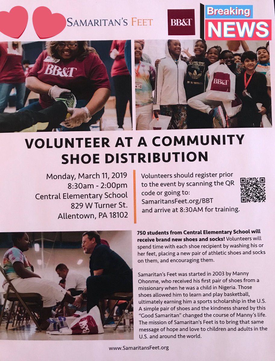 asdcentral's tweet photo. @SamaritansFtSA and BB&amp;T bank will be at Central on Monday, March 11th, providing a new pair of shoes to EACH and every student! We couldn’t be more excited.  Still looking for a few volunteers to help, message @ASDCentralCIS or call 484-765-4801 @PADeptofEd https://t.co/Yn9KNmraDL