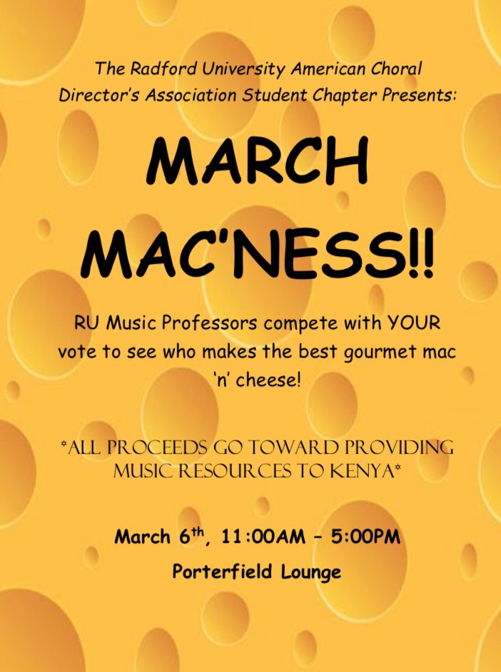 RUChoirs's tweet photo. THIS WEDNESDAY! - 4 different Mac &amp; Cheese’s!!! You decide who wins!!🧀🧀🧀🧀🧀🧀🧀🧀🧀🧀
•$4 per bowl or $2 for taste test https://t.co/sI3AVtr65Z
