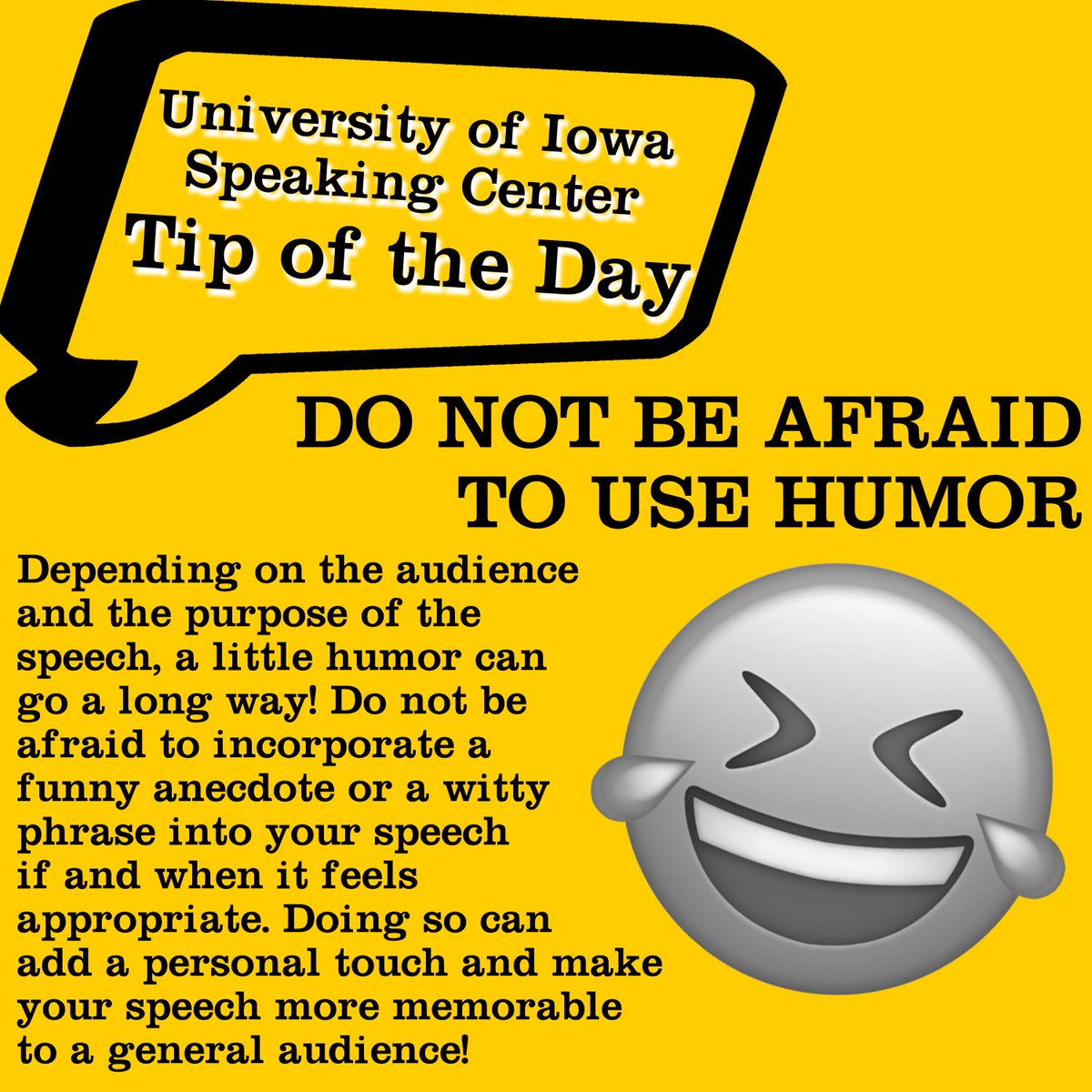 UIRhetCenters's tweet photo. We hope you enjoy our #SpeakingTipoftheDay, brought to you by the @uiowa Speaking Center. For more information about our centers, visit https://t.co/cZRzIjaVbP. https://t.co/9wWJXBPQol