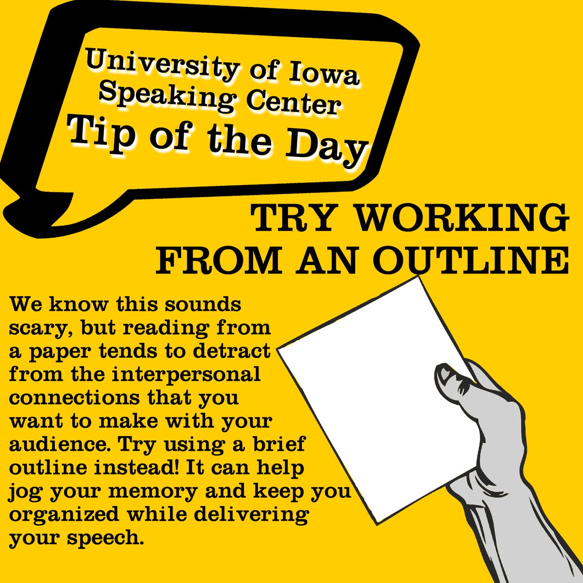 UIRhetCenters's tweet photo. We hope you enjoy our #SpeakingTipoftheDay, brought to you by the @uiowa Speaking Center. For more information about our centers, visit https://t.co/cZRzIiTjNf. https://t.co/kt2KewAmWB