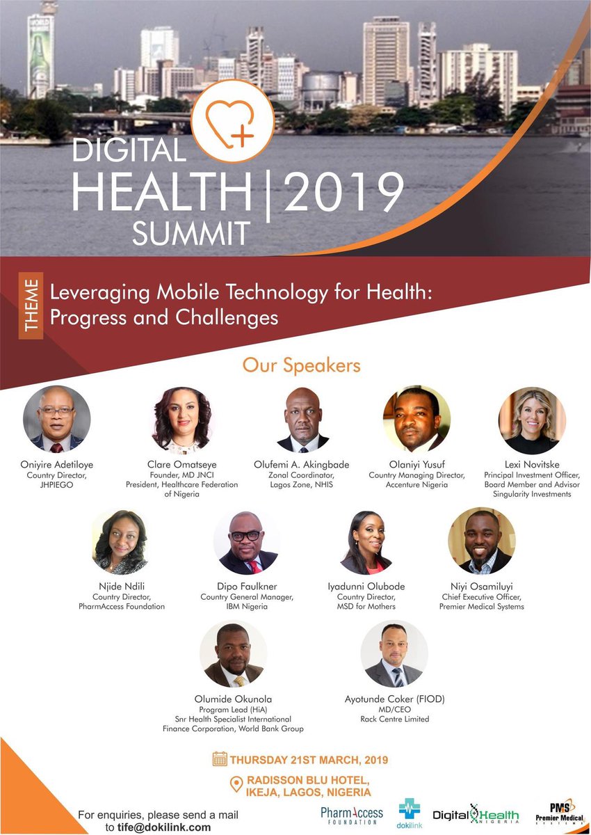 Join the discussions with stakeholders to explore progress and challenges, and implications for digital health. March 21st 2019, Radisson Blue Ikeja, 9am. 

Attendance is by invitation only.  Please register at lnkd.in/eBwvRA9