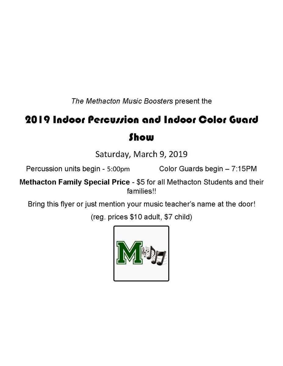 Methacton's tweet photo. On Saturday, March 9, 2019, the Methacton Music Boosters will host its 2019 Indoor Percussion and Indoor Color Guard Show. See the flyer for more information! https://t.co/q3ijfvy6Ct