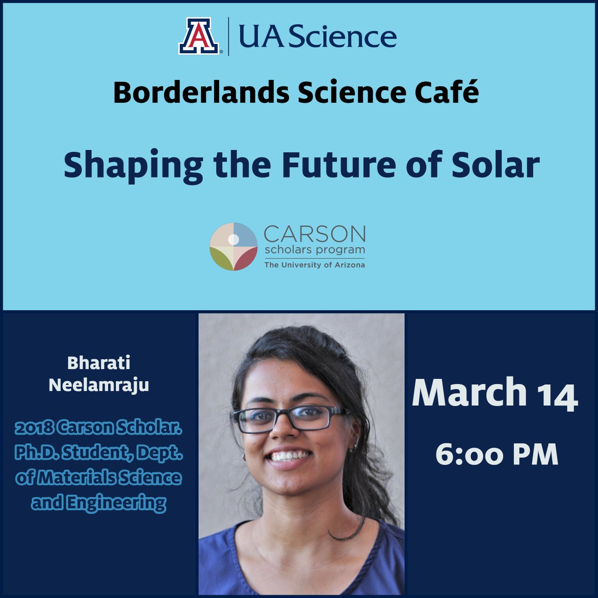 uarizonacarson's tweet photo. Mark your calendars for March 14 at 6pm! @Bharati_30 will share how organic electronics are a sustainable alternative to silicon and are "Shaping the Future of Solar" at @borderlandsbrew for our monthly @UArizonaScience Science Cafe! @azengineering #MaterialScienceAndEngineering https://t.co/PomZGn0xqz