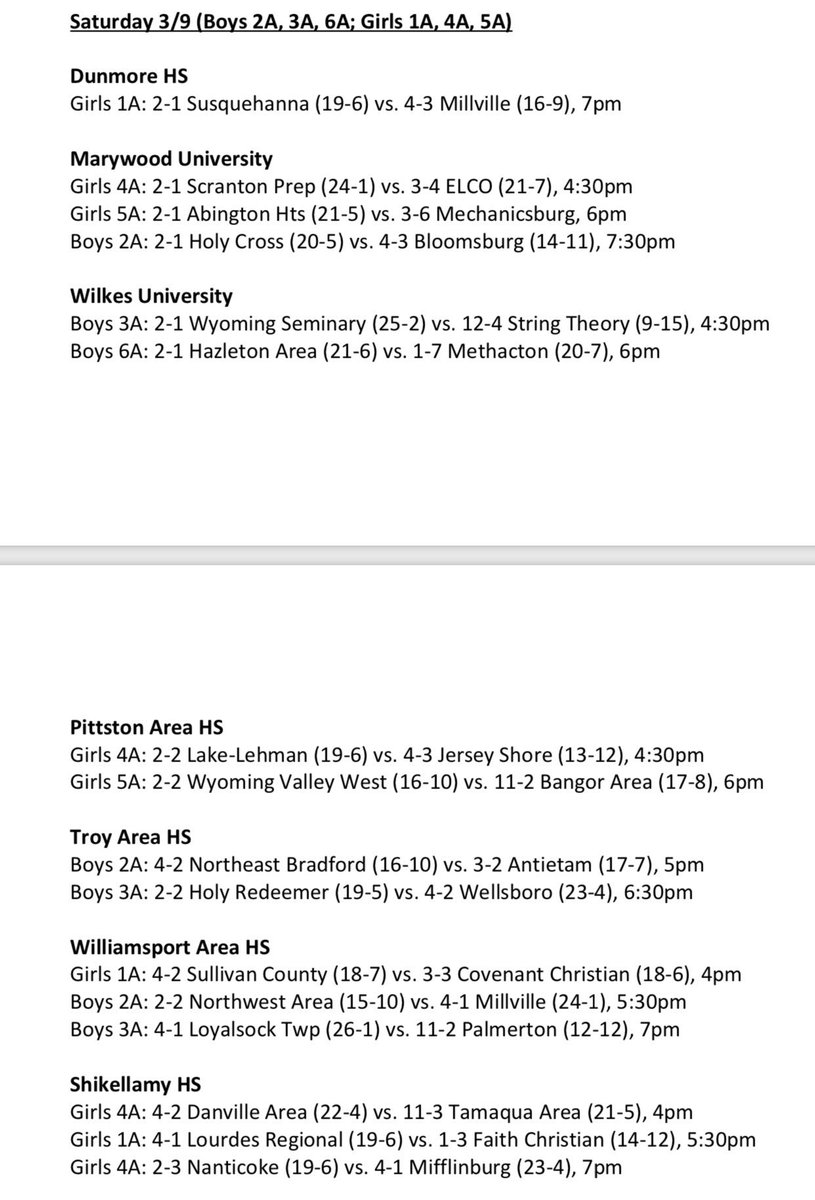 Did my best to find where every District 2 team is playing Friday/Saturday and put it to paper. If a D2 team’s site has multiple games, I listed the other games happening, for context’s sake. Good luck to everybody from NEPA! #piaahoops #district2 #NEPA