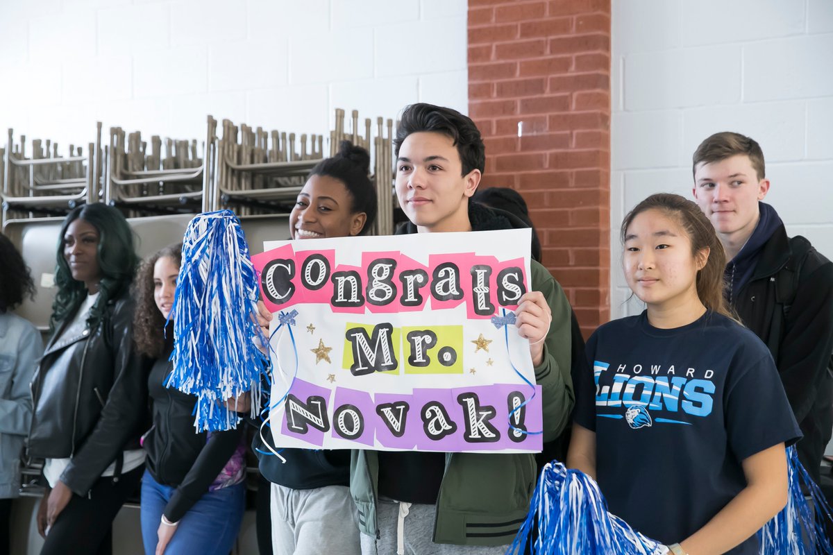 HCPSS's tweet photo. Fantastic! Howard HS @PrincipalNovak is the @mdmassp Principal of the Year! He was surprised with the award earlier today at a celebration with Howard students and staff. Congrats Principal Novak on this well-deserved honor! #CelebrateHCPSS https://t.co/E5yarbi7s8