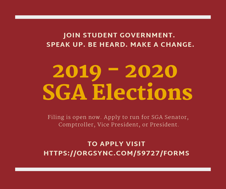 Interested in becoming involved on Campus? Student Government Association Filing for the 2019-2020 academic year is now open! You can find the forms here: orgsync.com/59727/forms The Deadline to apply is March 15th