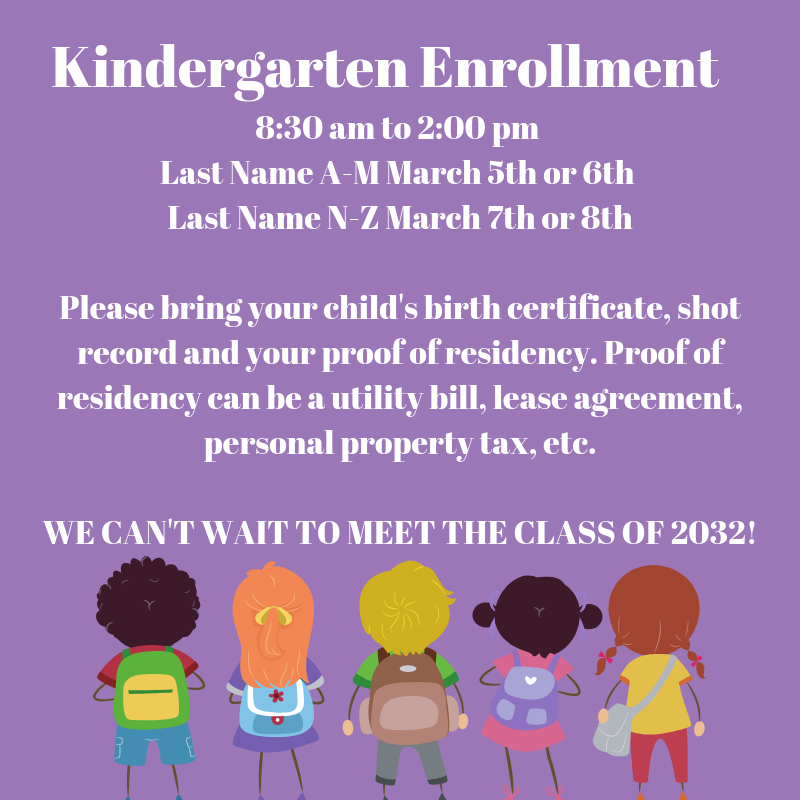 Kindergarten Enrollment This Week! 8:30 am to 2:00 pm Last Name A-M March 5th or 6th,  Last Name N-Z March 7th or 8th Please bring your child's birth certificate, shot record and your proof of residency. We can't wait to meet the Class of 2032! <a href="/Knights_TLC/">Kimberly Johnson</a> #KnightsR7