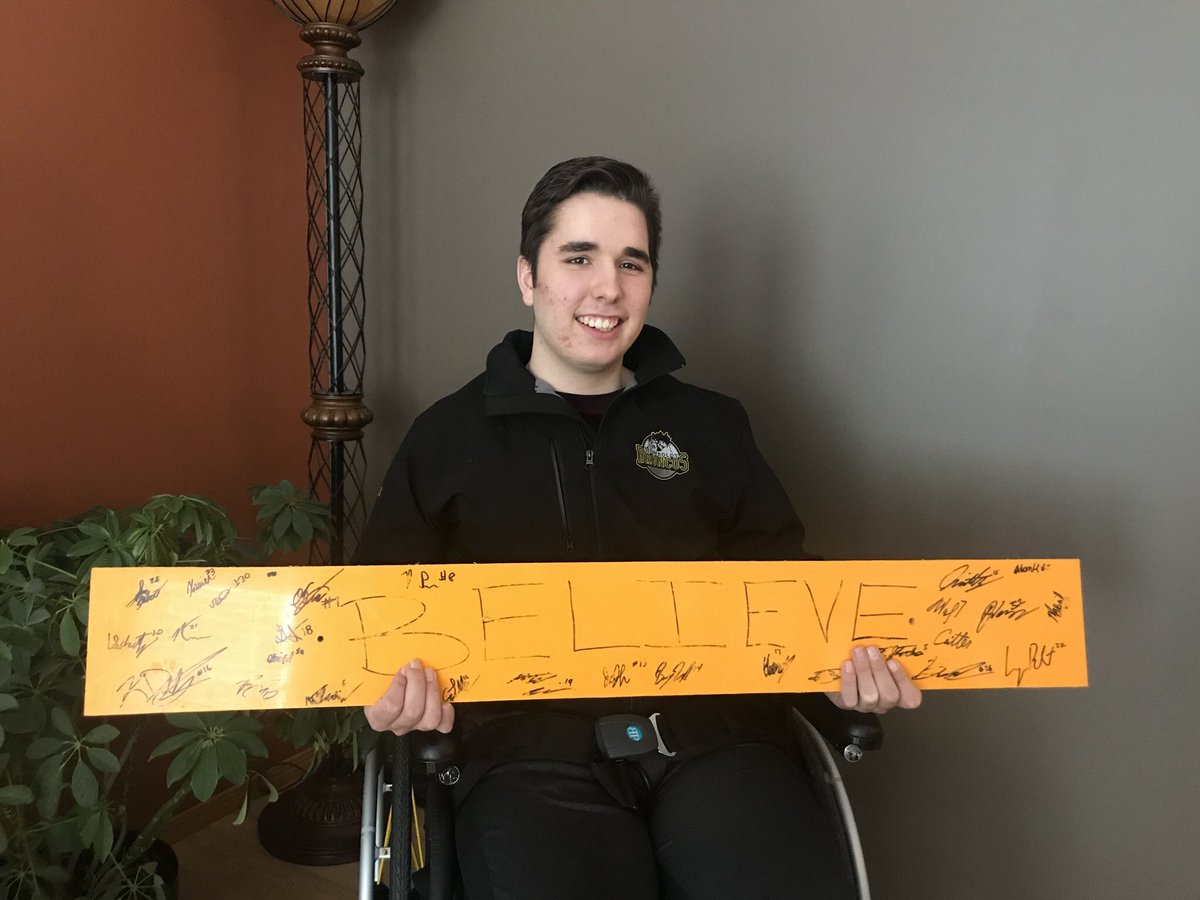 HumboldtStrong's tweet photo. After 333 days, @HumboldtBroncos defenceman Morgan Gobeil is being released from hospital after many medical procedures and hours upon hours of physical, occupational, and speech therapy. Such a Warrior #HumboldtStrong 💛💚 https://t.co/AyY8v0s0Mm