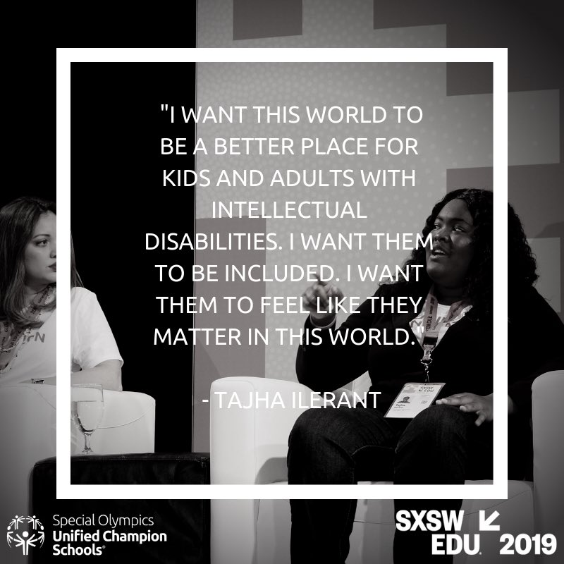SpecialOlympics's tweet photo. .@TajhaIlerant’s life changed trajectory when she found our movement. Now, she wants to help others find their voices. 

Her goal: Changing culture within her school &amp; making sure no student is left alone in the corner of the cafeteria bc of their disability. #SpecialOlympicsSXSW https://t.co/VskDmBdkFb