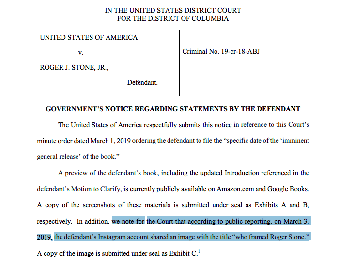 NatashaBertrand's tweet photo. 🚨OH boy. The government has notified Judge Amy Berman Jackson of Roger Stone's Instagram story from yesterday, where he shared an image that claimed he was framed. https://t.co/gg7OwhQEpA
