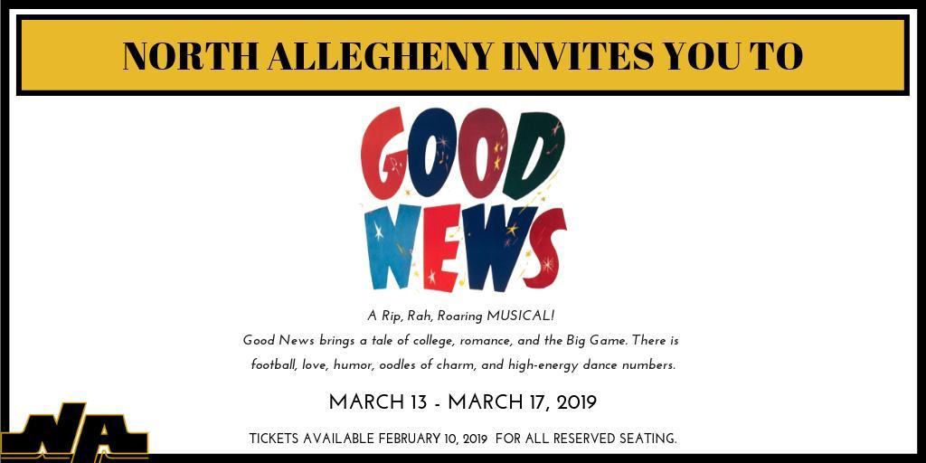 scherrer_bob's tweet photo. North Allegheny will be performing Good News in less than two weeks.  Get your tickets now before they sell out! @NA_Musical https://t.co/0vhiLQFfUr